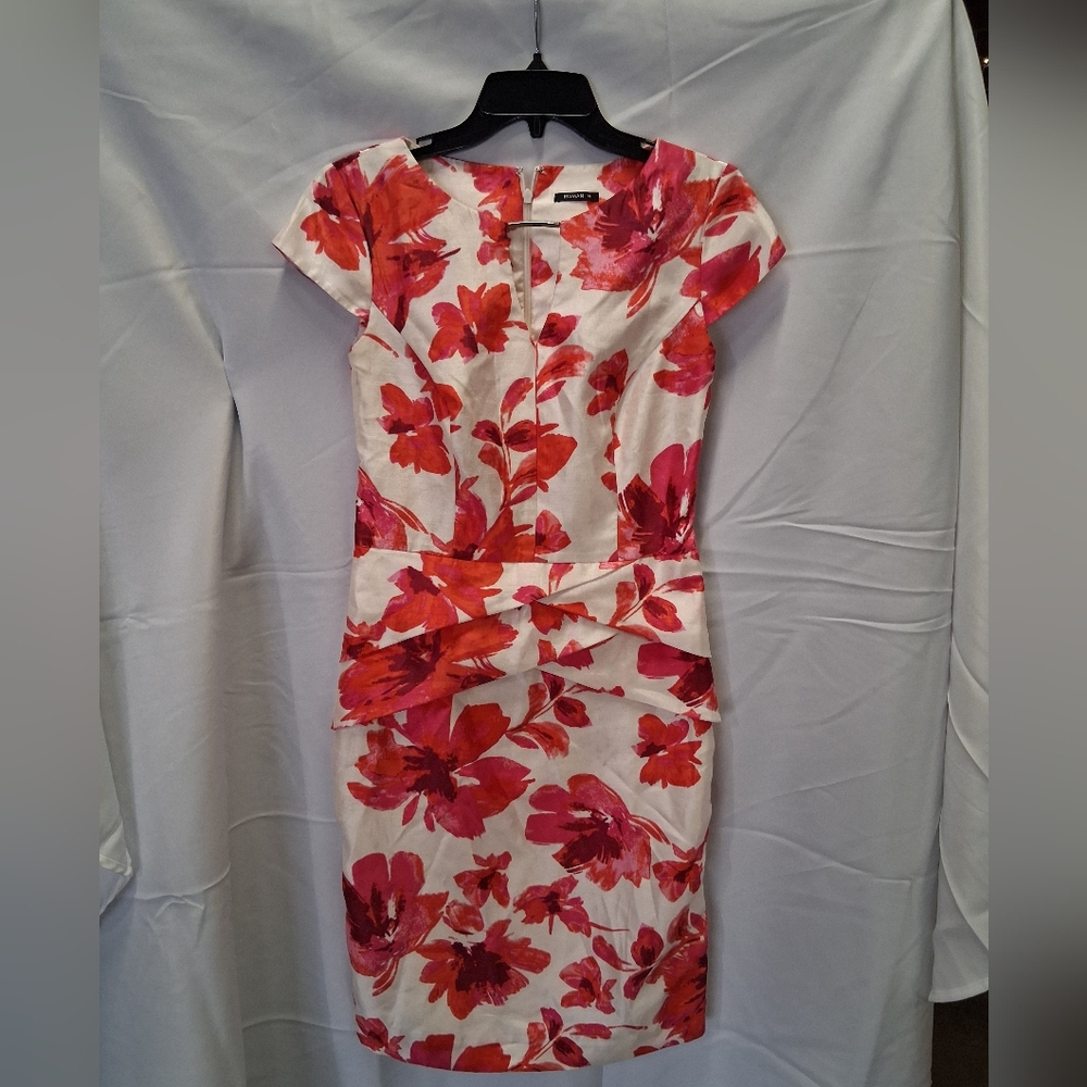Womens Roman Pink Mix Bold Floral Print Pleated Waist  Pencil Dress Size 12